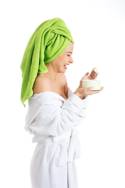 Beautiful spa woman in bathrobe and turban. — Stock Photo, Image