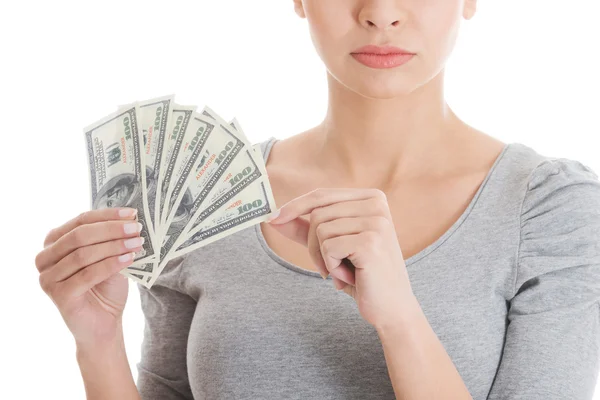 Young beautiful casual woman holding large sum of money. — Stock Photo, Image