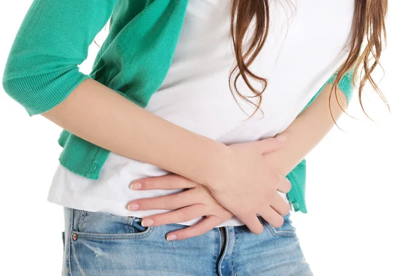 Young beautiful woman is having stomach ache. — Stock Photo, Image