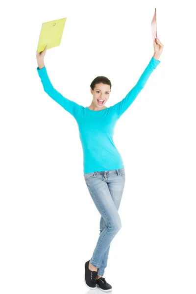 Happy student woman showing win gesture — Stock Photo, Image