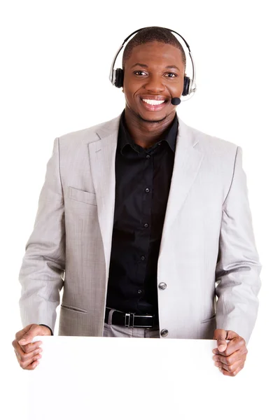 Trabalhador bem sucedido do call center com placa em branco — Fotografia de Stock