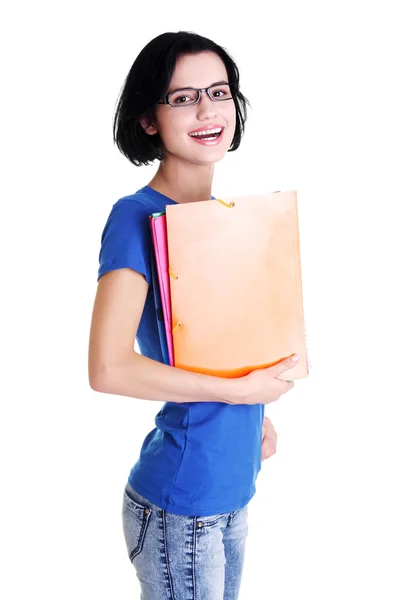 Mulher estudante feliz com cadernos — Fotografia de Stock