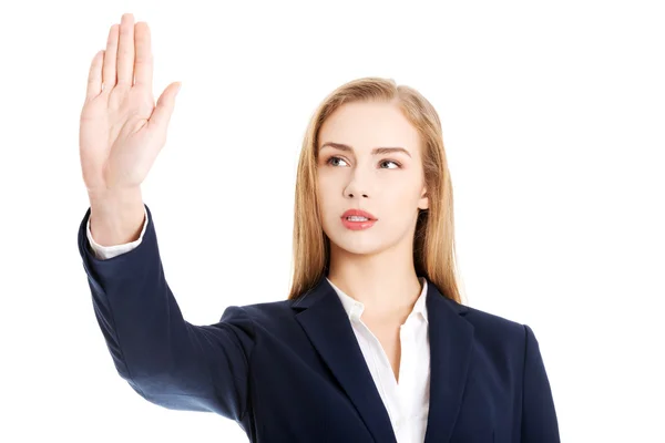 Beautiful business woman is having had up showing stop gesture. — Stock Photo, Image