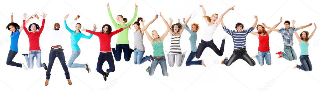 Group of happy young people jumping