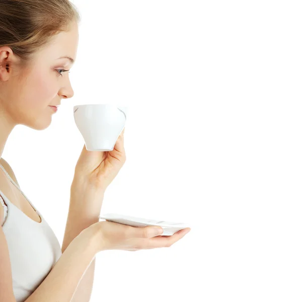 커피를 마시는 금발 여자 — 스톡 사진