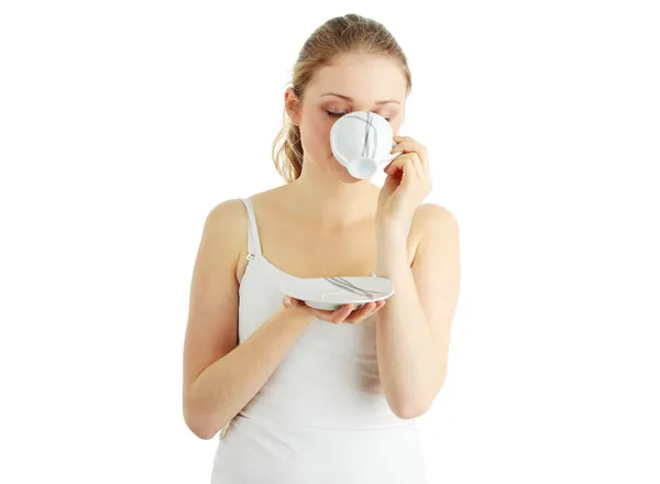 Mujer rubia bebiendo café —  Fotos de Stock