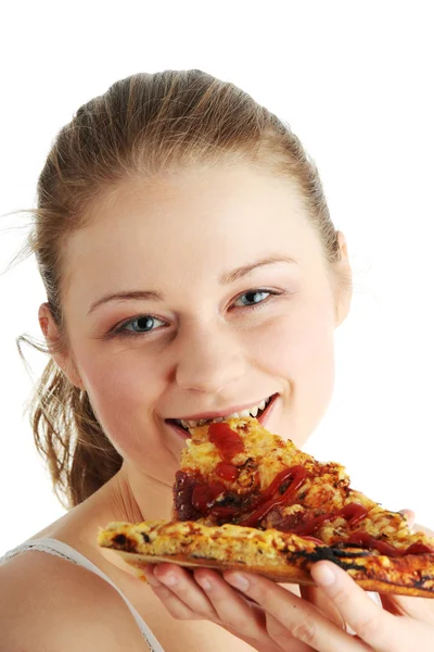 Jovem mulher feliz comer pizza — Fotografia de Stock