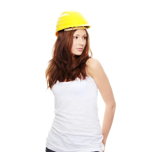 Ingeniera mujer en casco amarillo — Foto de Stock