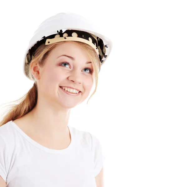 Engineer woman in white helmet — Stock Photo, Image