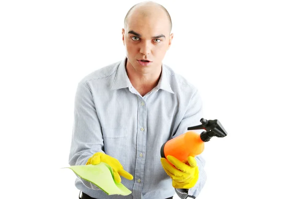 Businessman holding a cleaning accessories — Stock Photo, Image