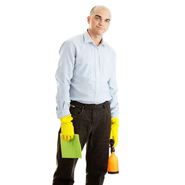 Empresário segurando um acessórios de limpeza — Fotografia de Stock