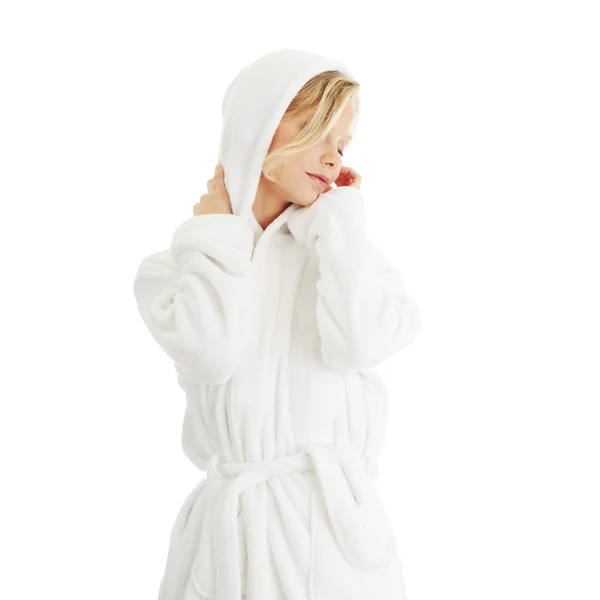 Young beautiful blond teen woman in bathrobe — Stock Photo, Image