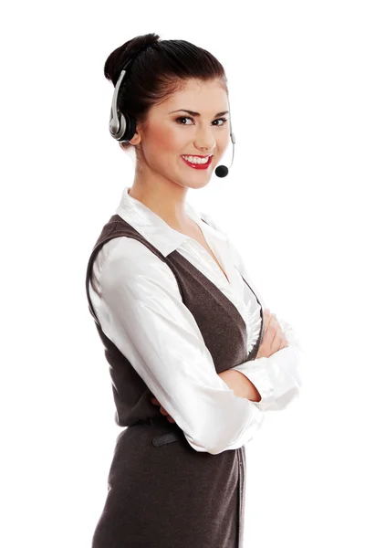 Mujer del centro de llamadas con auriculares . —  Fotos de Stock