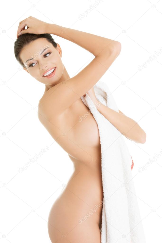 Happy young beautiful topless woman