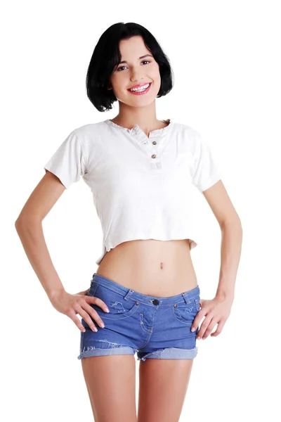 Woman in short jeans — Stock Photo, Image