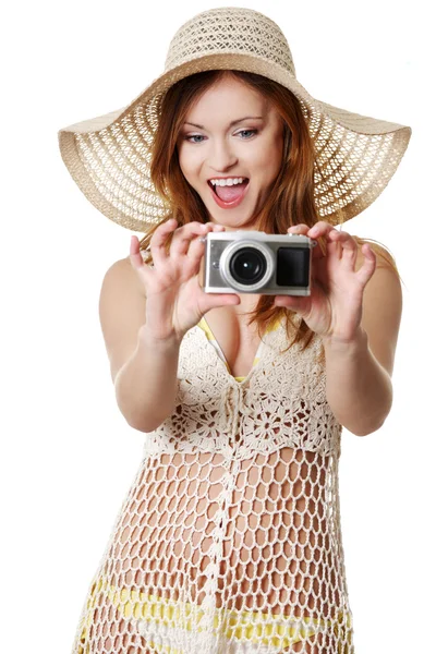 Zomer vrouw maken van foto 's — Stockfoto