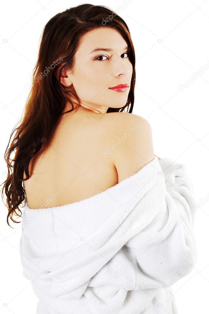 Young beautiful woman in bathrobe