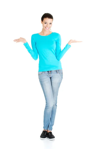 Woman presenting copy space on her palms — Stock Photo, Image