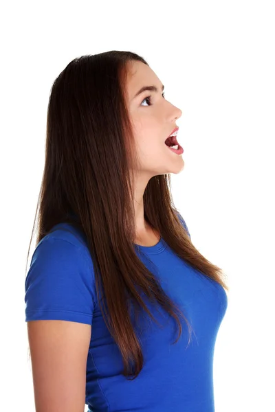 Shocked teen woman looking up — Stock Photo, Image