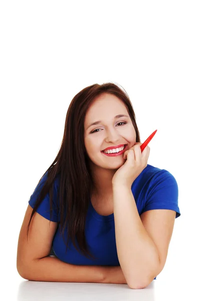 Menina estudante com caneta — Fotografia de Stock