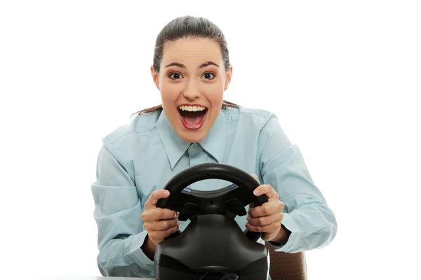 Business woman playing race game — Stock Photo, Image