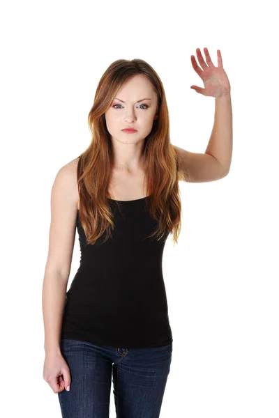 Femme frustrée et en colère avec la main en l'air — Photo