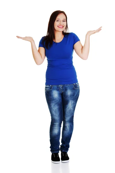 Woman presenting something on her heands — Stock Photo, Image