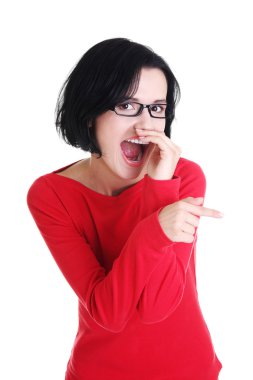 mutlu genç kadın üzerinde kopya alanı işaret