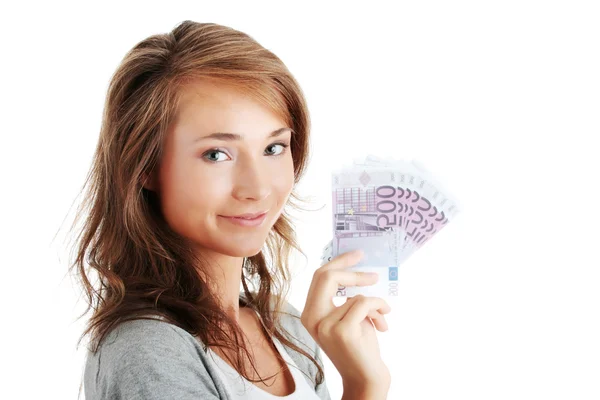 Woman holding euro money — Stock Photo, Image
