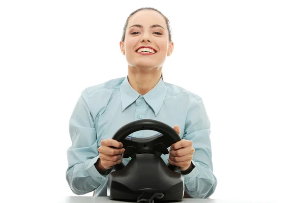Business woman playing race game — Stock Photo, Image