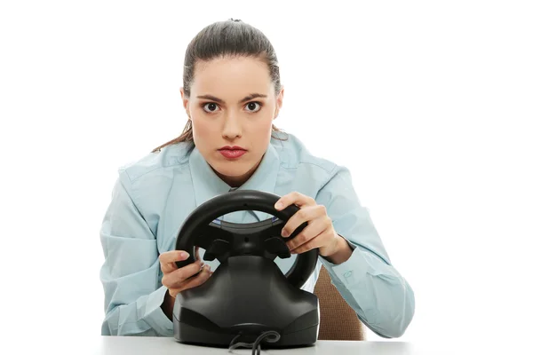 Business woman playing race game — Stock Photo, Image