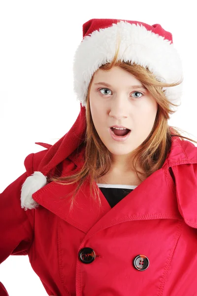 Jolie fille adolescente de Noël en chapeau de Père Noël — Photo