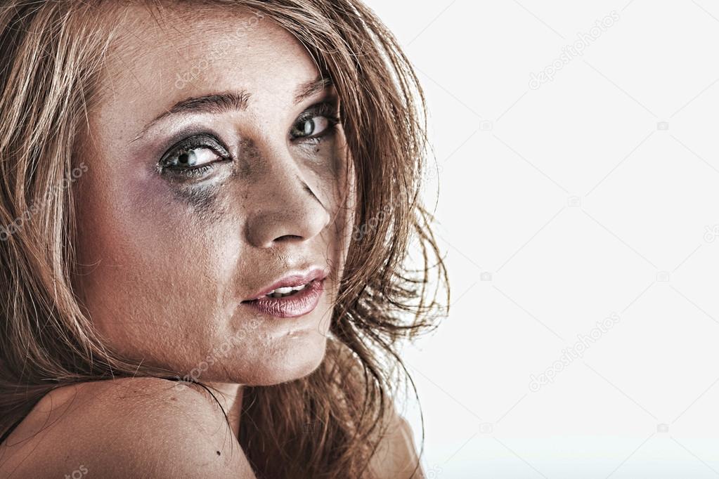 Woman in underwear crying - violence concept
