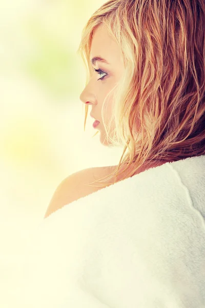 Blond woman in bathrob — Stock Photo, Image