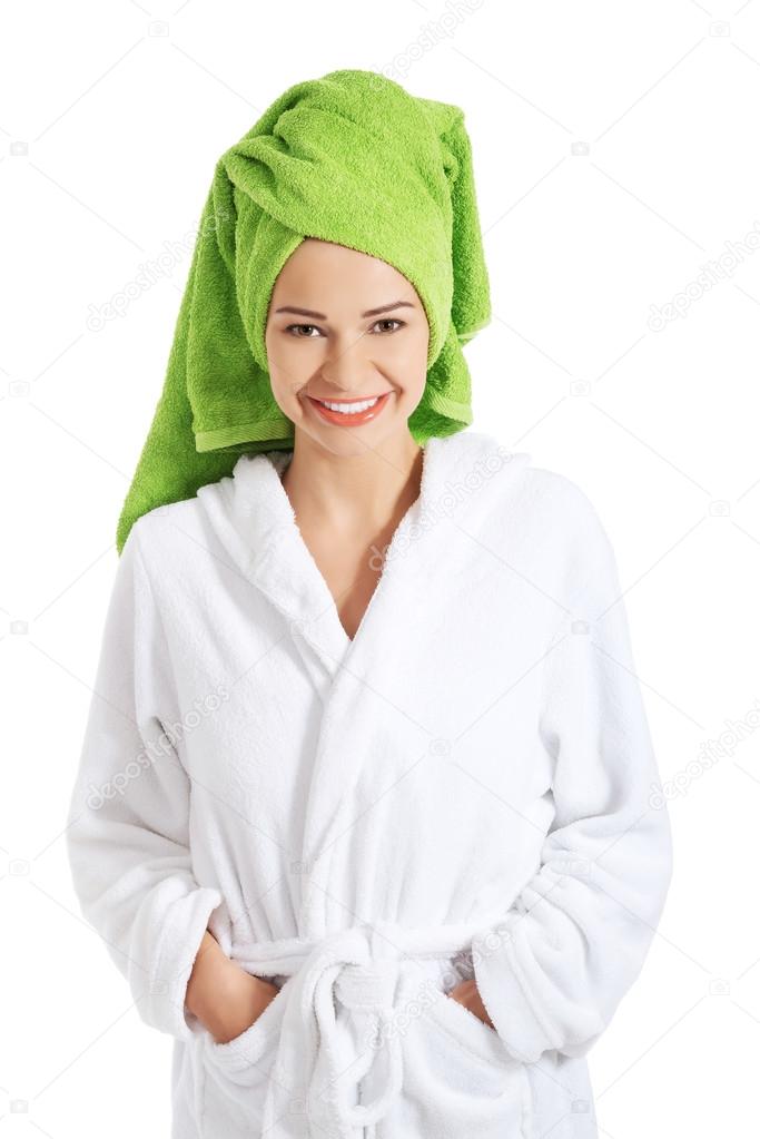 Beautiful spa woman in bathrobe.