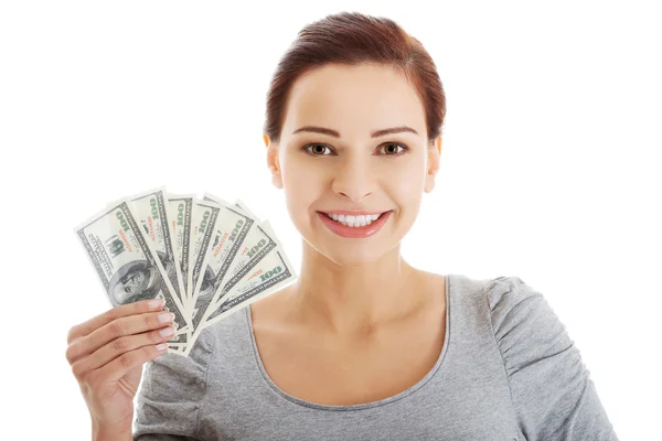 Casual woman holding money. — Stock Photo, Image