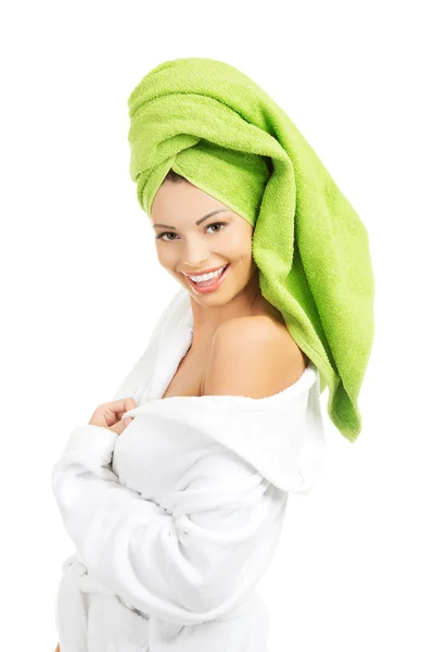 Beautiful spa woman in bathrobe. — Stock Photo, Image