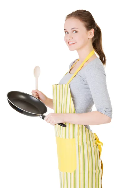 Mulher sorridente com a frigideira — Fotografia de Stock