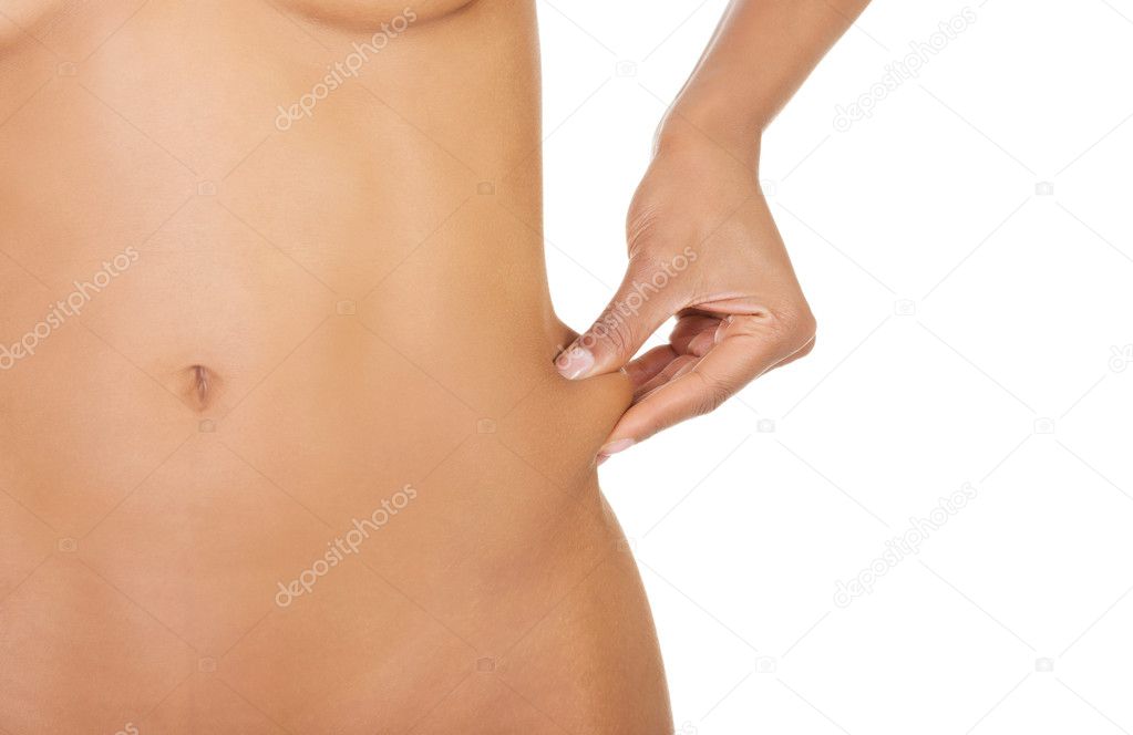 Naked woman holding fat.