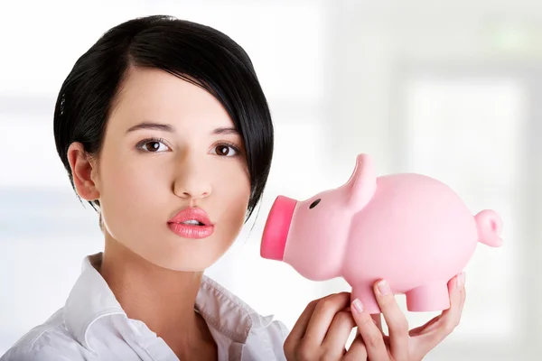 Mulher de negócios feliz com suas economias — Fotografia de Stock