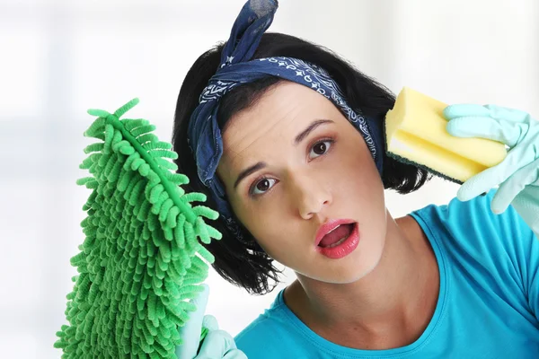 Tired and exhausted cleaning woman — Stock Photo, Image