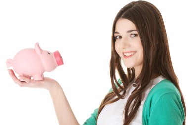 kumbara tutan genç casual kadın.