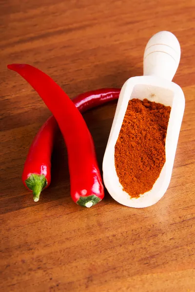 Two chili peppers with paprika spice. — Stock Photo, Image