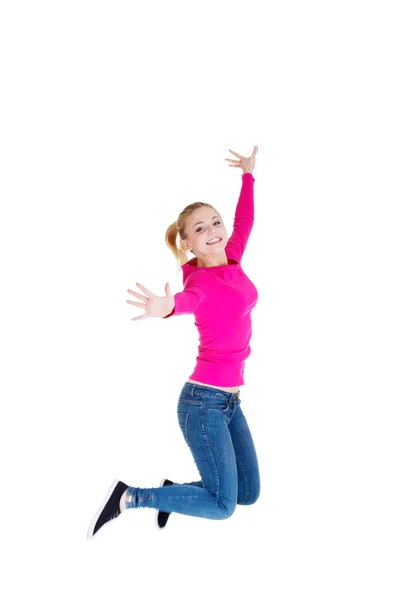 Young caucassian woman is jumping. — Stock Photo, Image