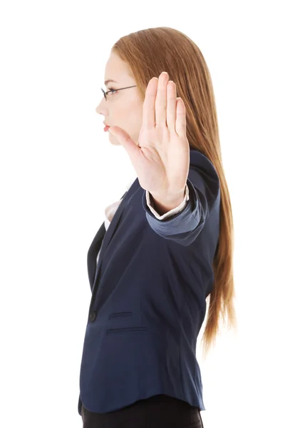 Business woman showing stop gesture by hand. — Stock Photo, Image