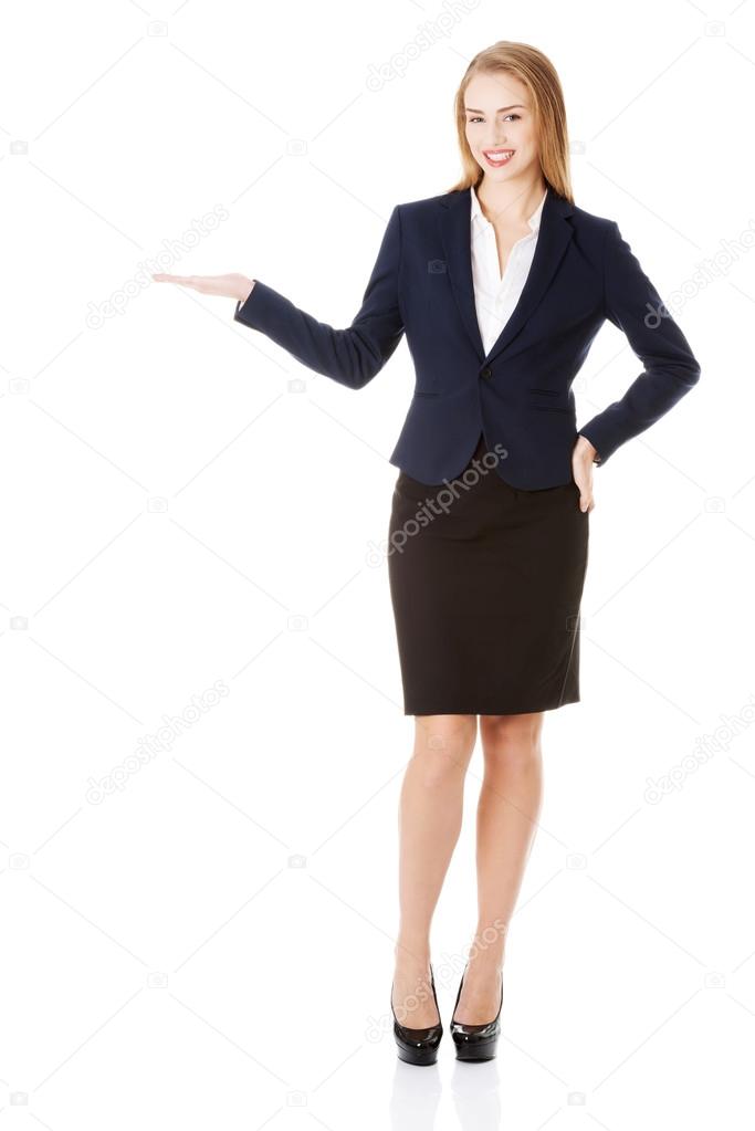 Business woman showing copy space on palms.