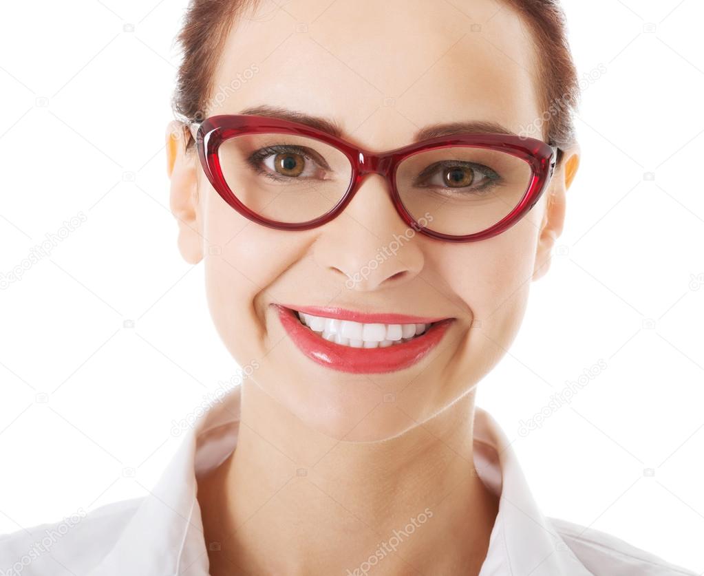 Business woman in red eyeglasses.