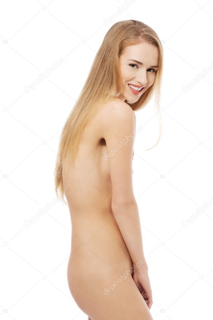 Beautiful naked woman, side view.