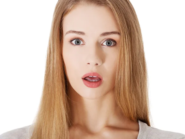 Mujer con la boca abierta, expresando shock . — Foto de Stock