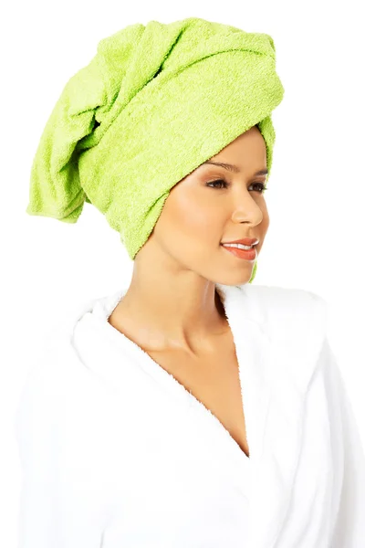 Woman wrapped in towel with turban — Stock Photo, Image